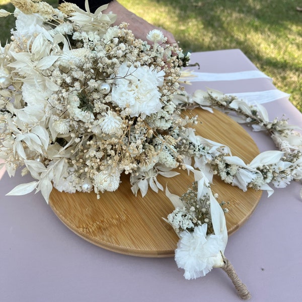 Bridal Set White Flower Bouquet , Dried Flower Crown, Boho Wedding Bouquets, Bridesmaid Flowers, White Baby's Breath Bouquet, Rustic Wedding