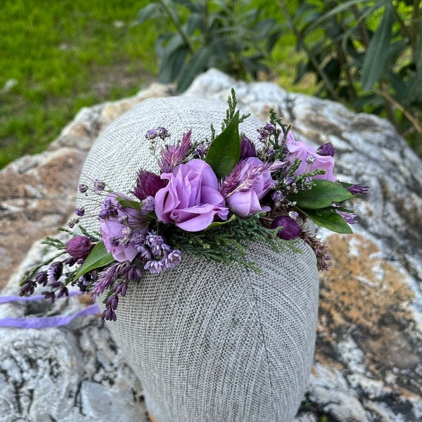 Lilac Flower Crown, Purple Green Wedding Flower, Girl Hair Crown, Rustic Boho Hair Accessory, Purple Headpiece, Bridesmaid Dried Flowers