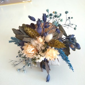 Blue and White Dried Flower Hair Comb, Rustic Hair Pin, Bridal Hair Comb, Bridesmaid Flowers Comb, Boho Hair Piece, Dried Floral Headpiece