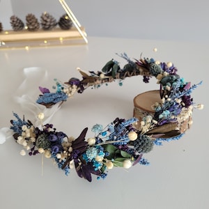 Dark Blue Dried Flower Crown, Rustic Purple Hair Wreath, Boho Wedding Crown, Buttercup Bridal Flower, Bridesmaids Hair Accessory,Bridal Gift