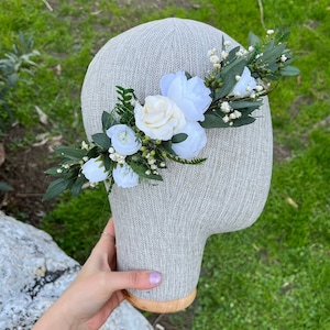 White and Green Flower Crown, Rustic Boho Wedding Flowers, Floral Bride Hair Accessory, Bridesmaid Crown, Bouquet, Flower Girl Crown, Gift