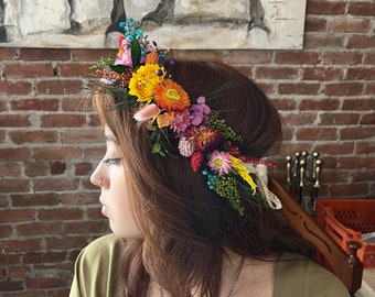 Couronne de fleurs arc-en-ciel, couronne de cheveux de fleurs séchées, couronne de mariage bohème et rustique, accessoires de cheveux pour enfant fille, fleurs de mariée, cadeaux de demoiselles d'honneur