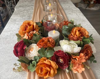 Terracotta Wedding Centerpiece Wreath, Burnt Orange Silk Flower Candle Ring, Fall Table Garland Floral, Moody Burgundy Rose Wedding Decor