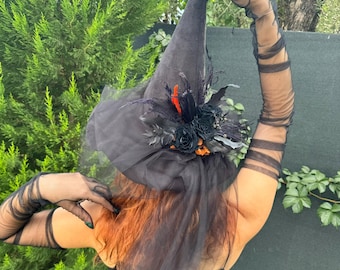 Black Witch Hat with Black Roses & Tulle Veil - Gothic Halloween Costume , Witchy Headpiece, Black Gothic Hat for Women