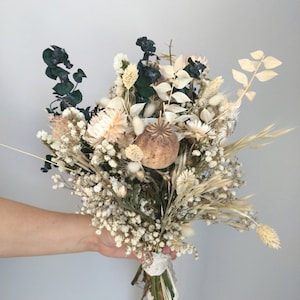 Eucalyptus Bridal Bouquet , White Dried Flowers, Boho Wedding Bouquets , Bridesmaid Flowers, Poppy and Baby&#39;s Breath Bouquet, Rustic Wedding