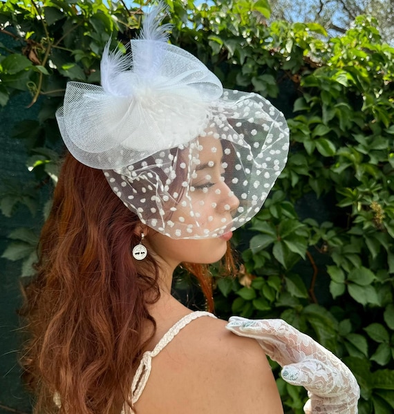 White Spotted Veil Fascinator: Vintage Wedding Bride Half 