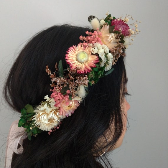 Blush Pink Dried Flower Crown: Boho Wedding Hair Wreath - Etsy display picture 3