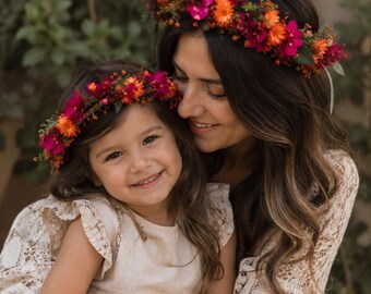 Magenta Orange Dried Flower Crown, Mommy and Me Flower Wreath, Newborn Flower Crown, Toddler Flower Girl Headband
