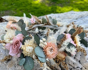 Zarte Farben getrocknete Blumenkrone, errötender Haarkranz, rustikale Hochzeitskrone, Blumenmädchen-Rosa-Krone, Brautjungfern-Geschenk, Hochzeitsblumen-Set