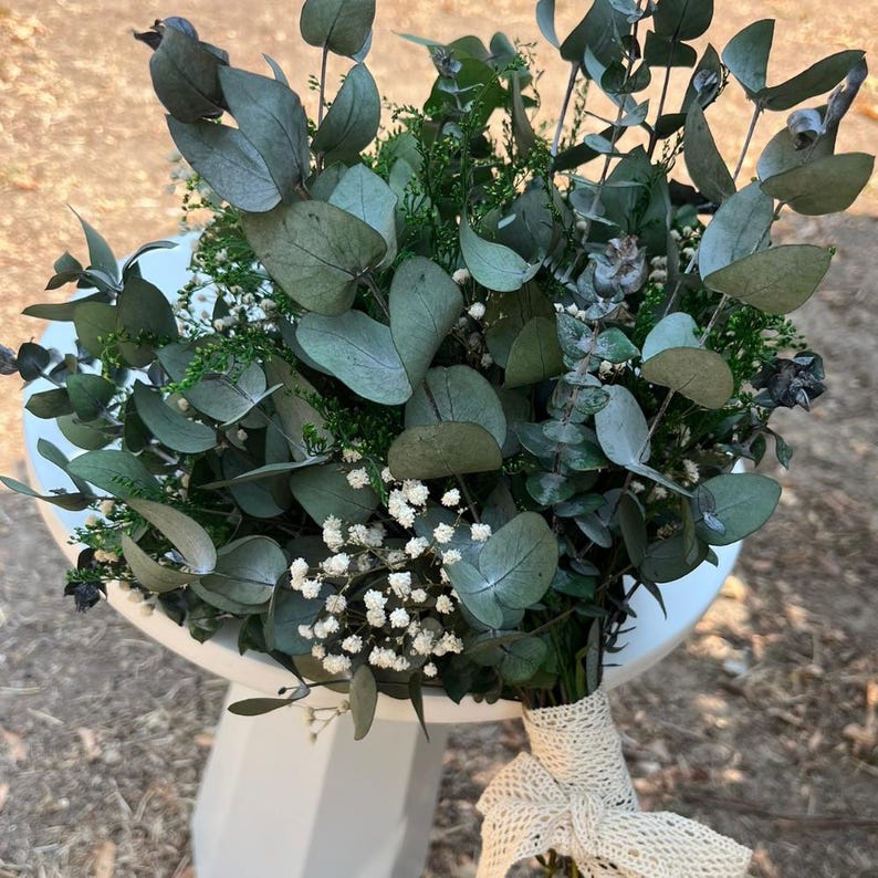 Pode incluir: Um buqu&ecirc; de ramos de eucalipto secos com folhas arredondadas de tom verde suave, intercaladas com pequenos cachos de delicadas flores brancas de gips&oacute;fila e folhagem verde fina. Os caules est&atilde;o reunidos e atados com uma fita de renda cor de creme.