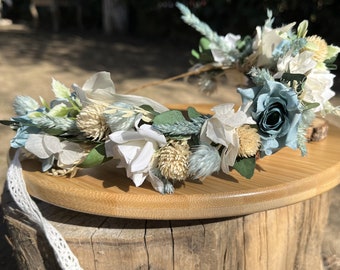 Pastel Blue Colors Flower Crown, Natural Hair Wreath, Dried Flower Boho Wedding Crown, Bridal Flower Crown, Hair Accessory, Bridesmaid Gift