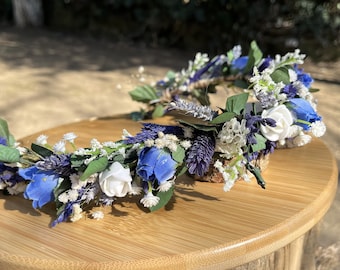 Donkerblauwe bloemkroon, Boho haarkrans, blauwe bruiloftsbloemen, boterbloem bruidsbloem, bruidsmeisjes haartoebehoren, bruidsboeket