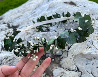 Eucalyptus Leaves Crown, Baby's Breath Flower Hair Wreath, Rustic Wedding, Greenery Bridal Flower, Bridesmaids Hair Accessory, Flower Girl