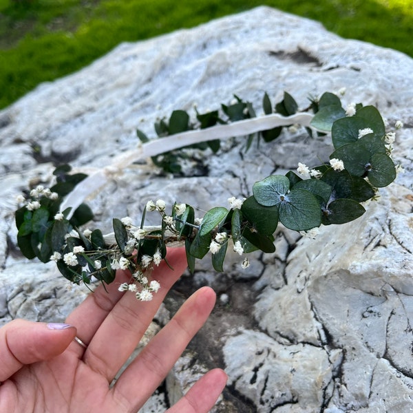 Eucalyptus Leaves Crown, Baby's Breath Flower Hair Wreath, Rustic Wedding, Greenery Bridal Flower, Bridesmaids Hair Accessory, Flower Girl