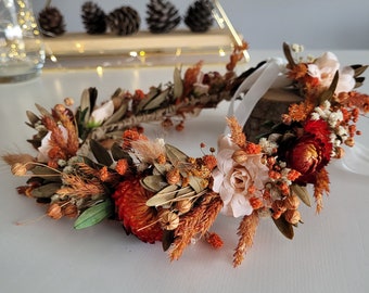 Orange Dried Flower Crown, Bridesmaid Flower Gift, Rustic&Boho Hair Wreath, Girl Child Crown, Bride Hair Accessory, Engagement Crown