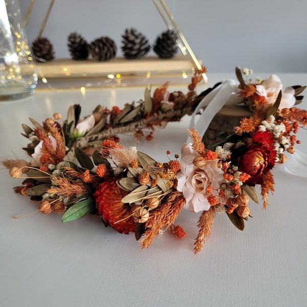 Couronne de fleurs séchées orange, cadeau de fleurs de demoiselle d'honneur, couronne de cheveux rustique et bohème, couronne de petite fille, accessoire de cheveux de mariée, couronne de fiançailles