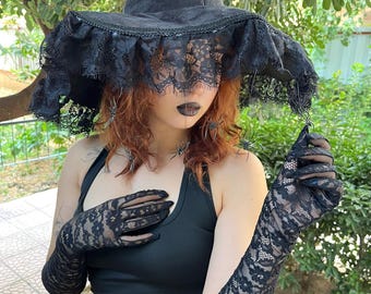 Halloween Black Witch Hat: Spider & Lace Decoration, Gothic Costume Accessory