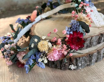 Dried Flower Crown, Boho Bridal Headpiece, Wildflower Wedding Hair Wreath, Floral Halo for Bride, Baby Shower Flower Girl Headband