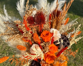 Orange Dried Flowers Bridal Bouquet , Boho Wedding Flowers , Bride Bouquets, Bridesmaid Flowers, Real Flowers, Rustic Wedding Flowers