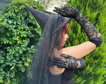 Woeoe Lange Schwarze Spitzenhandschuhe – Gothic Armstulpen Mit Strass Für Halloween & Cosplay