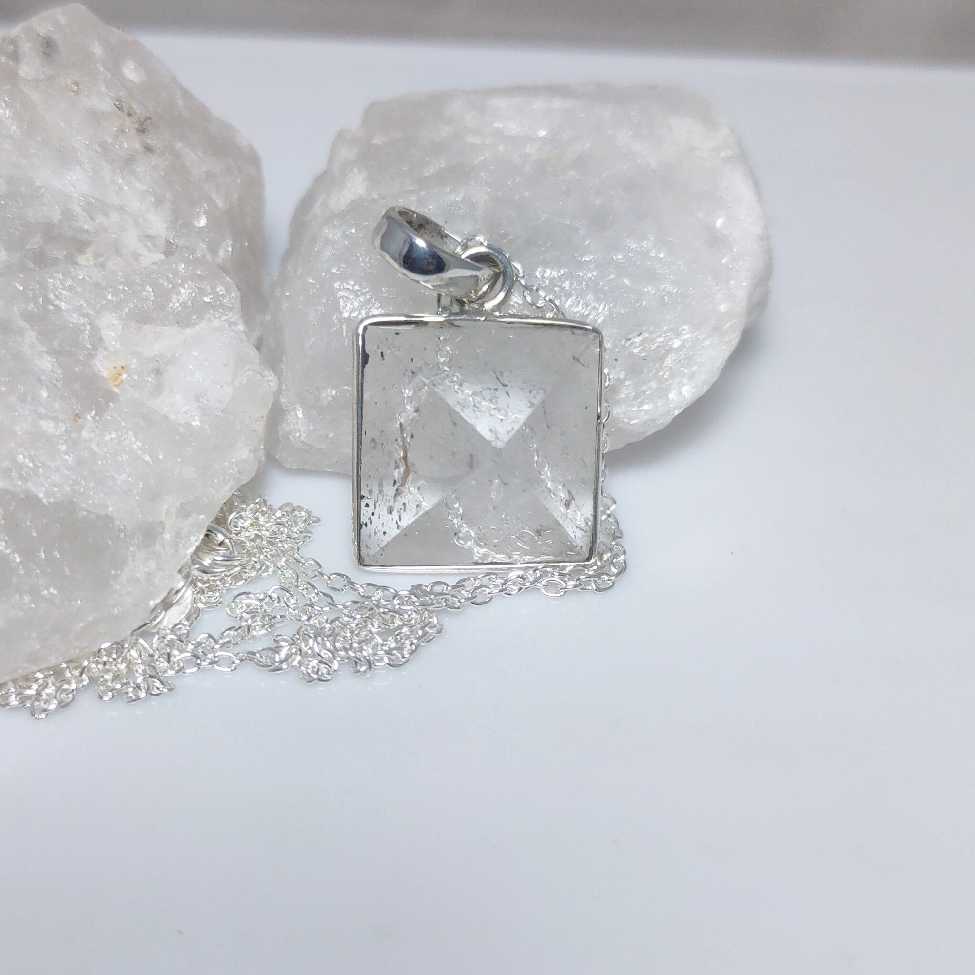 Crystal Pyramid Necklace, Clear Crystal Pyramid Pendant, 925 Silver ...