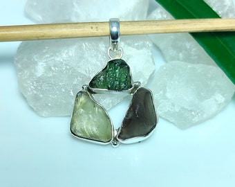 Moldavite, Colombianite & Libyan Desert Glass 925 Sterling Silver Pendant