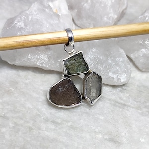 Moldavite Colombianite & Herkimer Diamond Pendant: 925 Sterling Silver