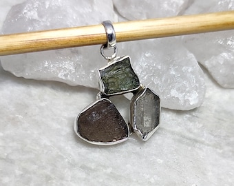 Moldavite Colombianite & Herkimer Diamond Pendant: 925 Sterling Silver