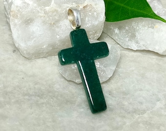 Green Aventurine Cross Pendant, 925 Sterling Silver