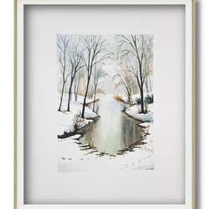 Watercolor footprints in the snow forest lake | Painting forest winter snow lake | Painting winter snow | Original handmade in France 30x40cm