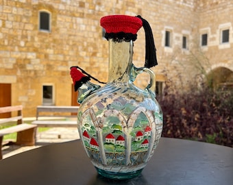 1.5L Handpainted Traditional Lebanese Recycled Glass Water Jug Ibrik | Lebanese Architecture | Lebanese Houses | Gift from Lebanon