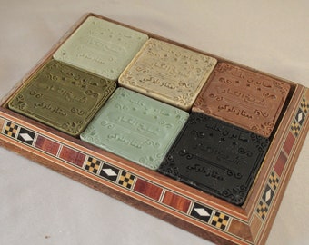 Set of 6 Handmade authentic Aleppo Soap bars | Olive Oil Scented Soap | Marquetry Inlaid Wood Soap tray | Natural Soap| Ramadan Gift