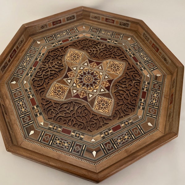 17.5 " Handmade Decorative Serving Tray | Octagonal Carved Wooden Tray | Mosaic Tray Inlaid with mother of pearl | Geometric Marquetry Tray