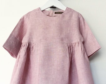 Pale Blush Pink Linen Baby Girls' Tunic Dress Antique Vintage Style Fabric Outfit 3-4 Years