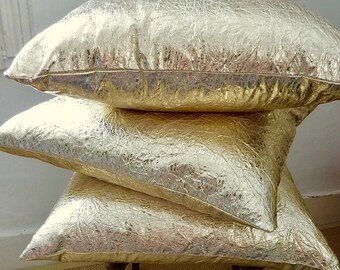 Metallic Gold Crushed Faux-Leather Cushion Cover Crinkled Fabric Pillow Vegan