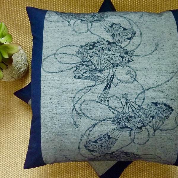 Indigo Blue Silver Grey Peony Folding Fan Cushion Cover Floral Ribbon Vintage Japanese Tsumugi Silk Kimono Fabric Pillow