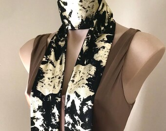 Black & Gold Georgette Dress Scarf Abstract Leaf Print Beaded Glass Tassle Fringe Trim