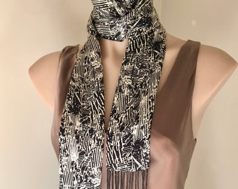 70s Skinny Scarf: Black & Cream Abstract Vintage Satin with Glass Bead Fringe