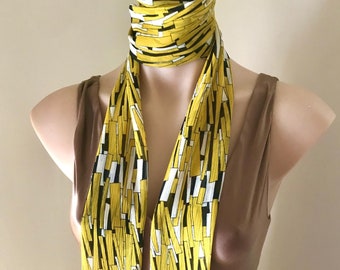Geometric Chiffon Scarf: Yellow, Black & White Art Deco Beaded Fringe