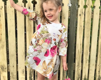 Vintage Rose Linen Baby Tunic Dress: Floral Cotton Outfit (3-4 Years)