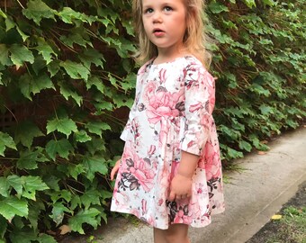 Floral Linen Baby Tunic Dress: Vintage Rose Print, 3-4 Years