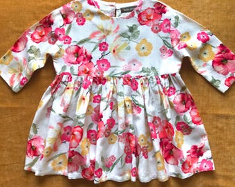 NEW! Spring Pink Roses Baby Tunic Dress: Linen Cotton, 4-5 Years