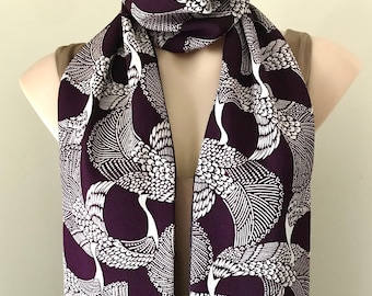 Peacock Chirimen Silk Scarf: Vintage Kimono, Black Satin, Beaded Fringe