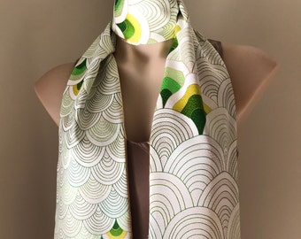 Spring Green Seigaiha Ivory Rinzu Silk Dress Scarf Vintage Japanese Kimono Gold Satin Beaded Glass Tassle Fringe Trim