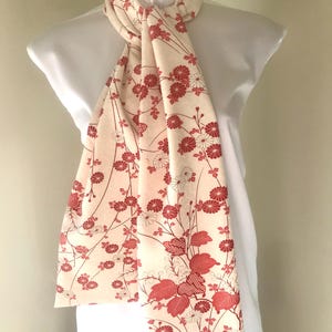 Vintage Japanese Silk Scarf: Red & White Floral Kimono Fabric