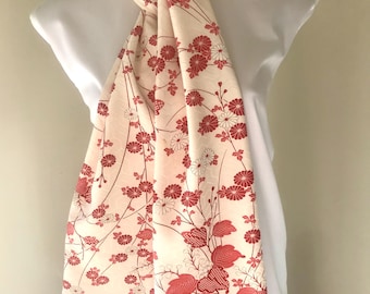 Vintage Japanese Silk Scarf: Red & White Floral Kimono Fabric