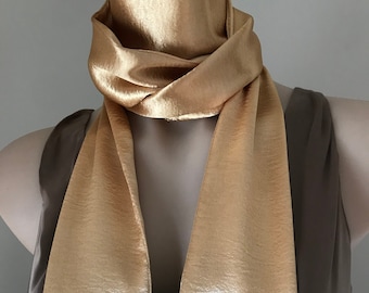Gold Satin 70s Skinny Dress Scarf Beaded Glass Tassle Fringe Trim
