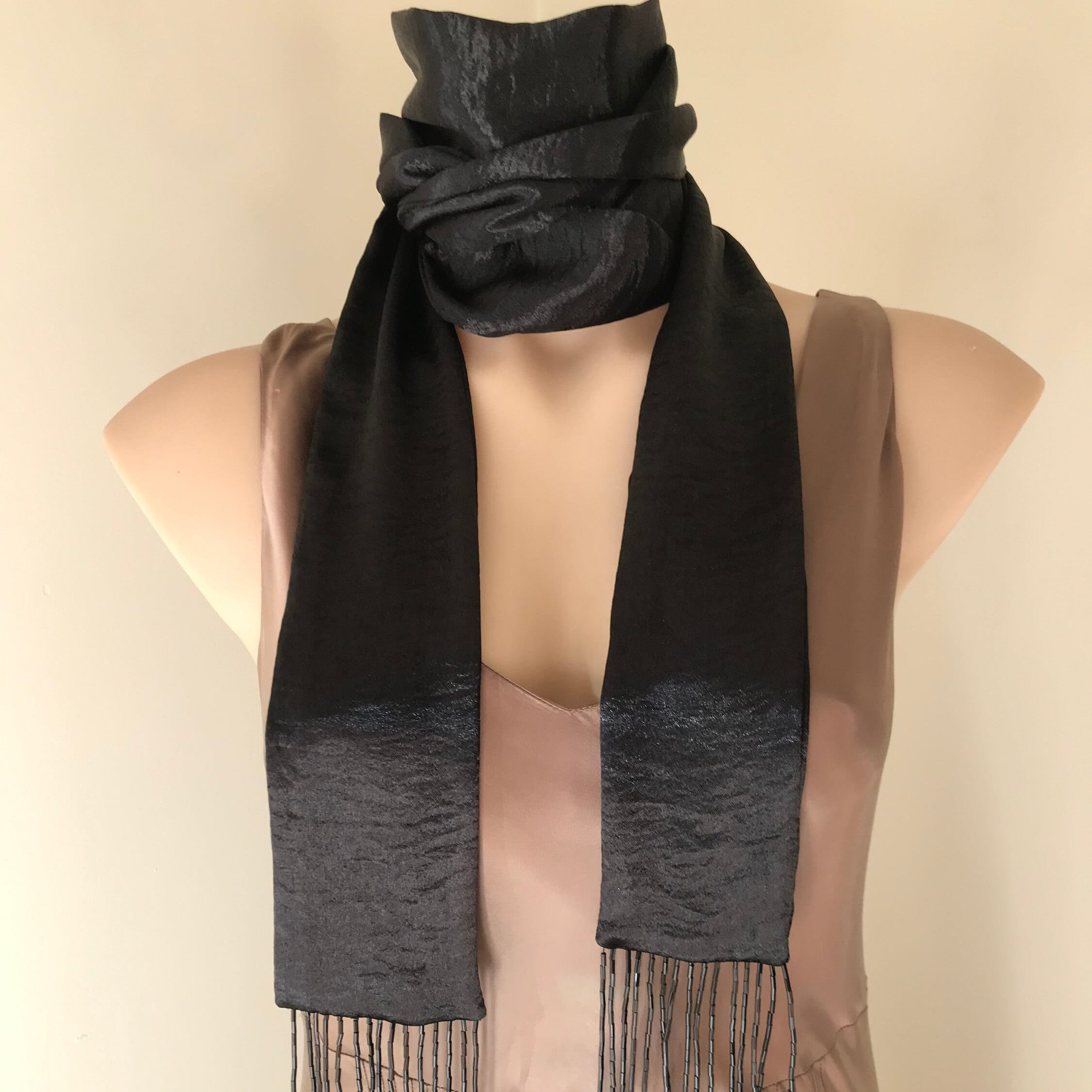 Black Satin 70s Skinny Thin Dress Scarf With Beaded Glass Tassle