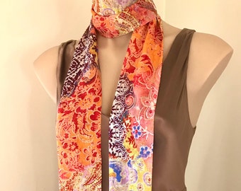 Paisley Floral Georgette Scarf: Red, Orange, Gold Glass Beaded Fringe