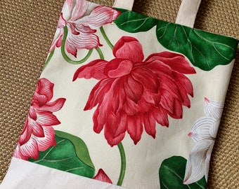 Cream Pink Waterlily Tote Bag Kew Botanical Painting Green Beige Natural Linen & Canvas